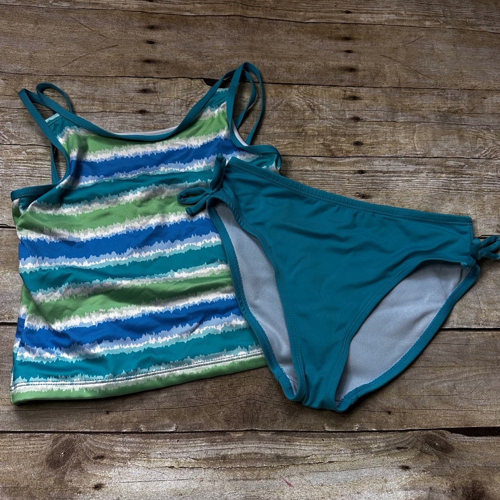 Blue and Green Bikini with Striped Top and Solid Bottom